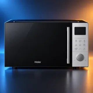 Front view of the Haier HMW-E3001CBBD control panel with auto cook menu icons and rotary knob