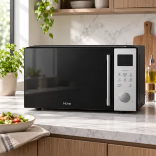 Haier HMW-E3001CBBD 30 litre convection oven on a marble kitchen countertop