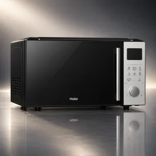 Side angle view of the Haier HMW-E3001CBBD convection oven showing its side vents