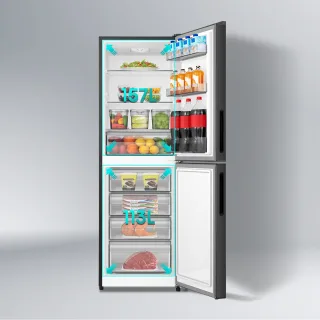 Hisense 270 Liter refrigerator capacity split — 157L fridge and 113L bottom freezer