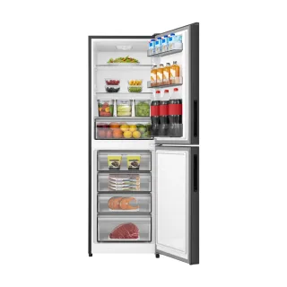 Hisense 270L BMF refrigerator interior with fridge on top and freezer drawers at the bottom