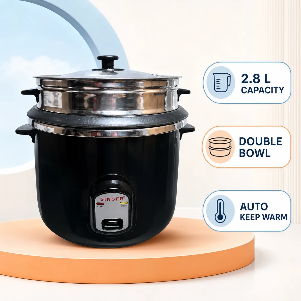Singer Deluxe Black 2.8L Rice Cooker with Double Bowl product image