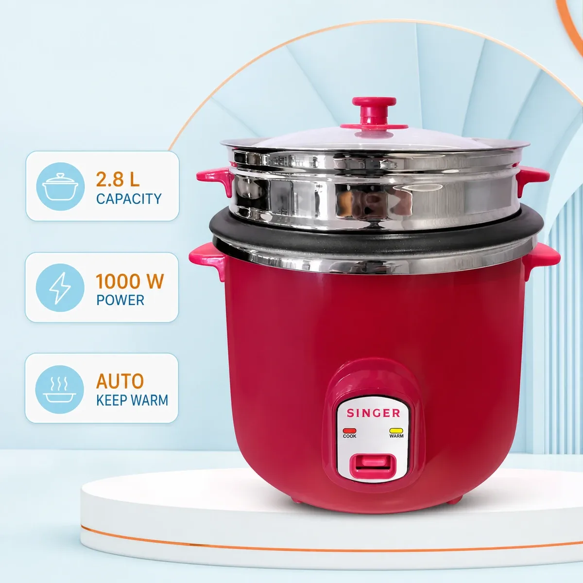 Singer Deluxe Pink 2.8L Rice Cooker with Auto Keep Warm product image
