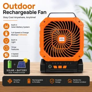 Solar Outdoor Rechargeable Fan X16 features: solar panel, 7800mAh battery, LED light and timer