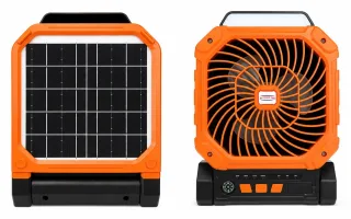 Solar Outdoor Rechargeable Fan X16 front and back view showing solar panel and control panel