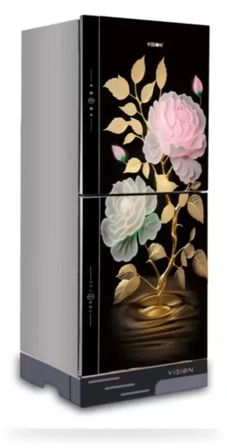 Vision 305 Liter Glass Door Refrigerator Golden Peony Flower Top Mount — 3