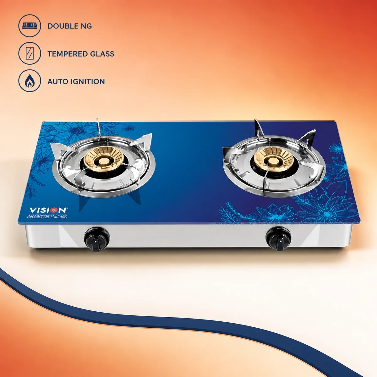 Vision 3D-Sky Tempered Glass Double NG Gas Stove – Blue product image