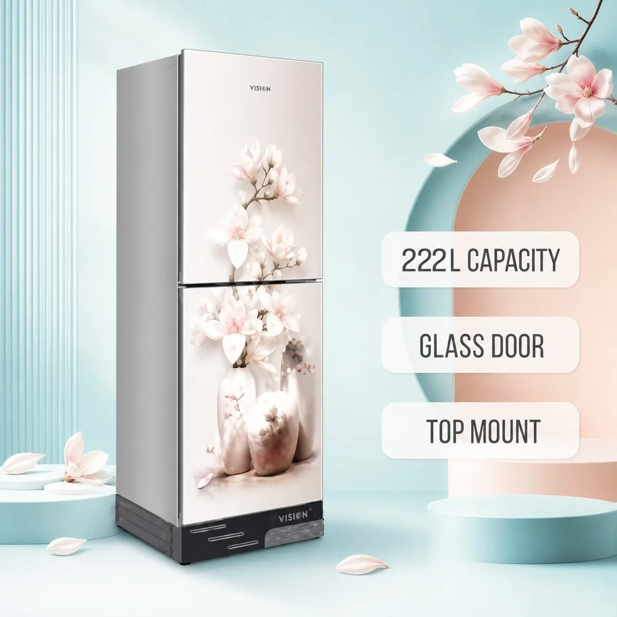 Vision Glass Door Refrigerator RE-222 Liter Vase W Magnolia Flower Top Mount product image