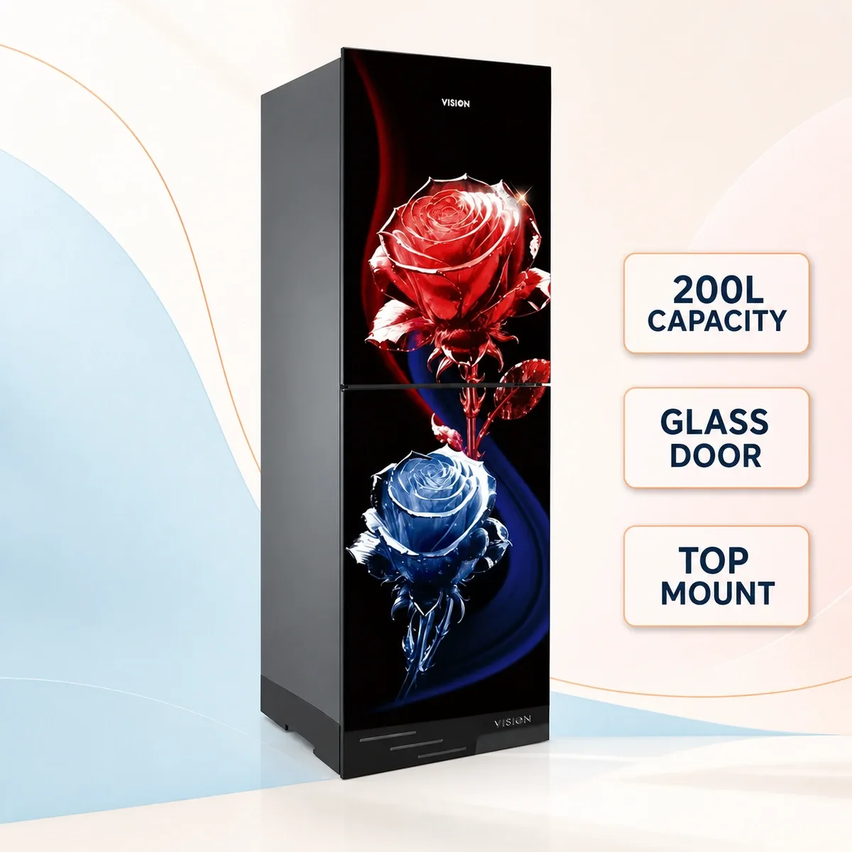Vision Glass Door Refrigerator RE-200 Liter Crystal Rose Flower Top Mount product image