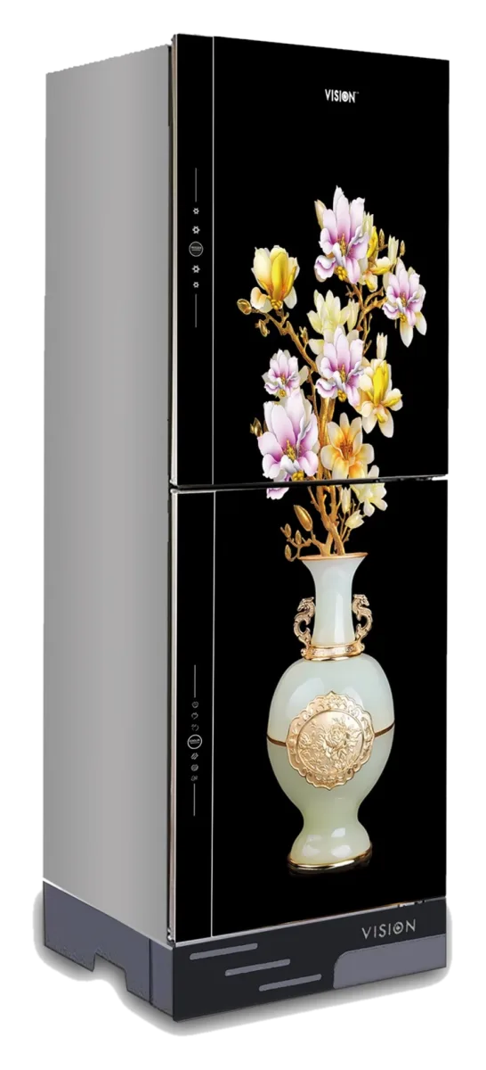 Vision 238 Liter glass door refrigerator in Vase G Magnolia design, bottom mount