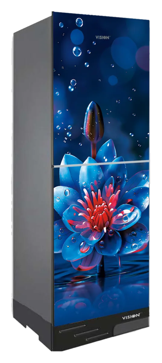 Vision 238 Liter glass door refrigerator in Water DB Dig Lotus design, bottom mount
