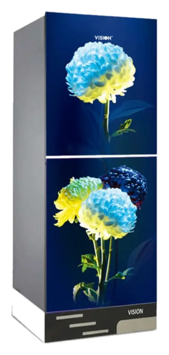 Vision 280 Liter glass door refrigerator in White Peony design, top mount