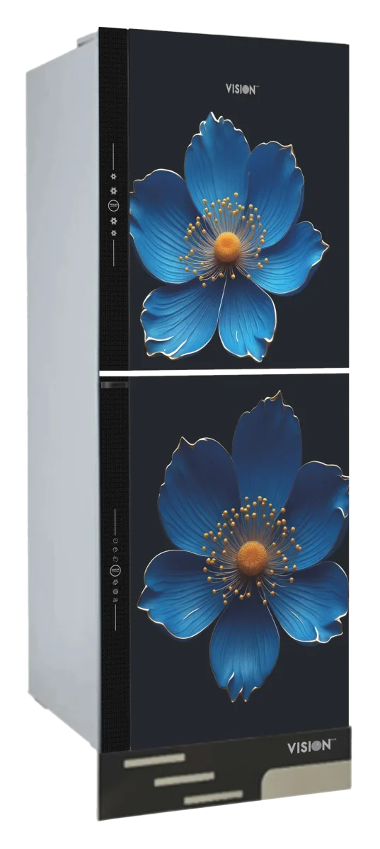 Vision 356 Liter glass door refrigerator in Blue Poppy design, bottom mount