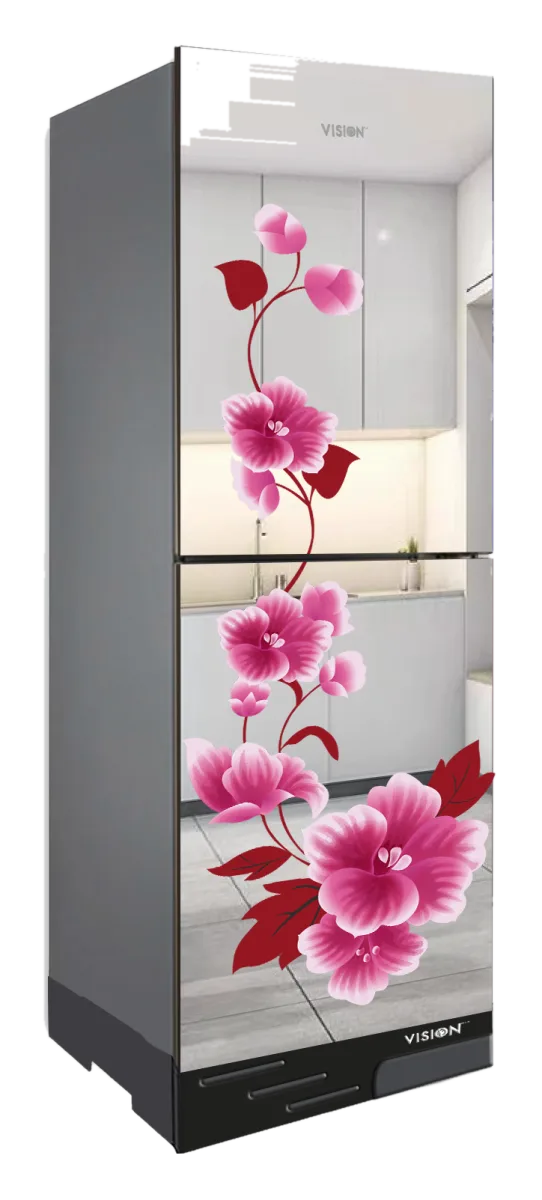 Vision 356 Liter glass door refrigerator in Mirror Iris design, top mount