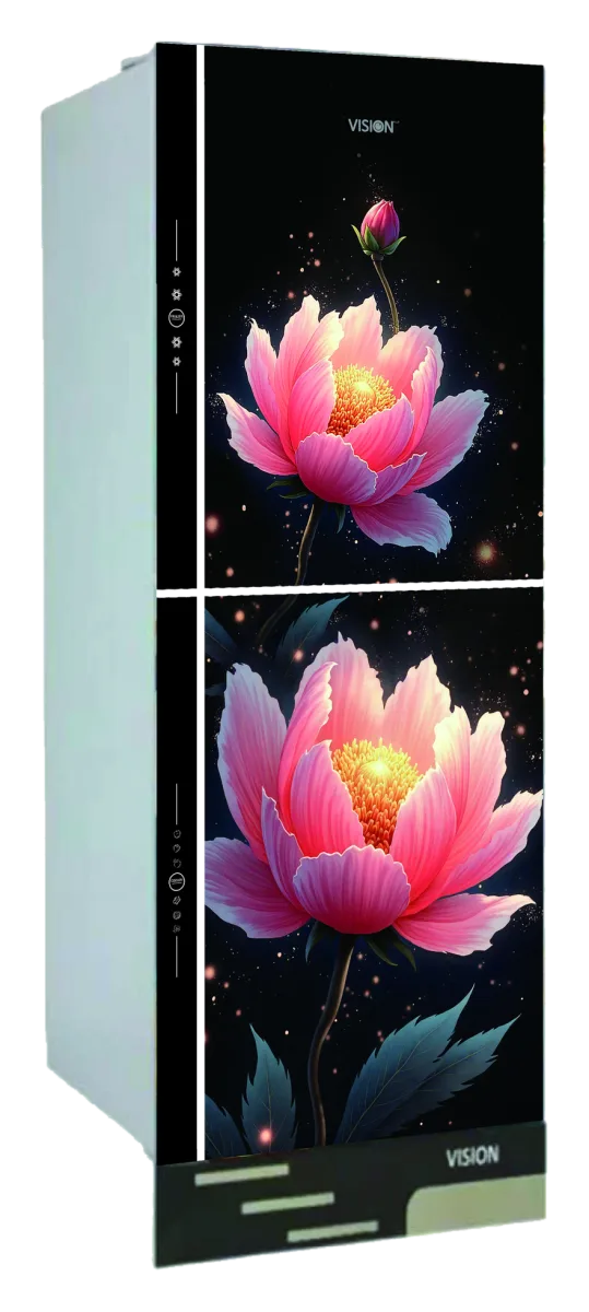 Vision 356 Liter glass door refrigerator in Red Peony design, top mount