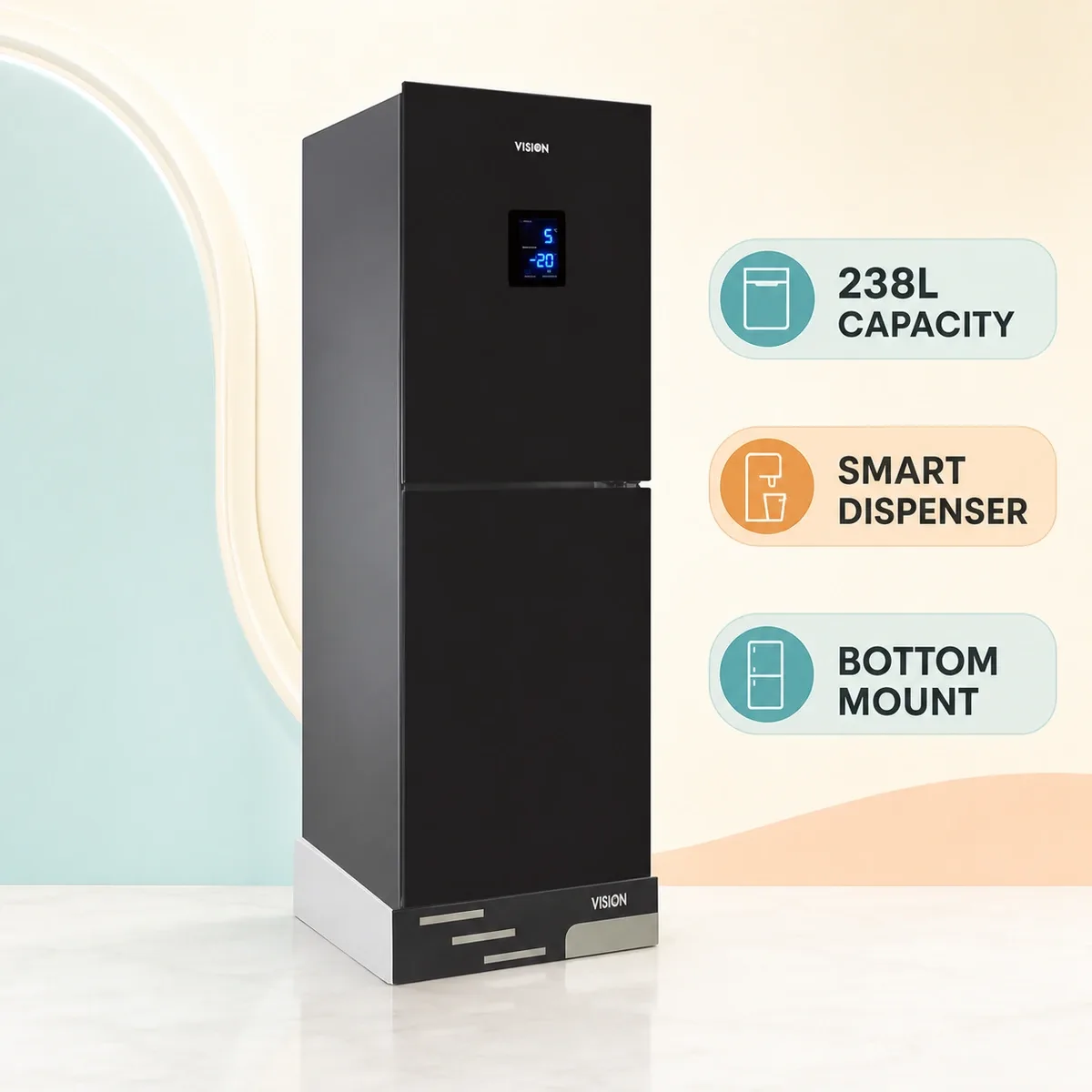 Vision Glass Door Smart Dispenser Refrigerator RE-238 Liter Black Bottom Mount product image