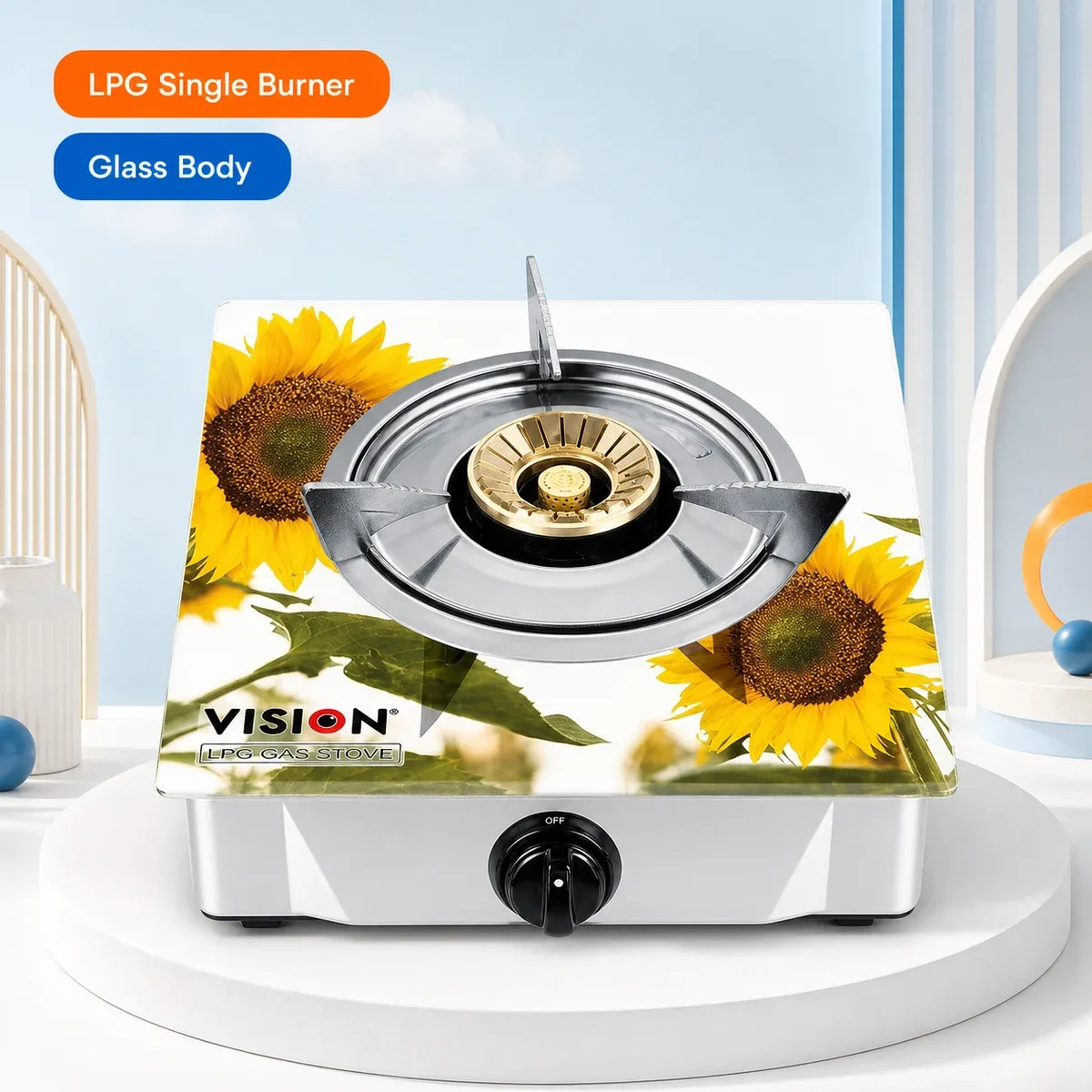 Vision Lpg Single Glass Body Gas Stove Sun Flower 3d product image