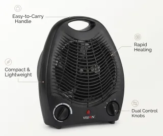 Vision Room Comforter-REL-Easy Black 2000W fan heater with carry handle, rapid heating and dual control knobs