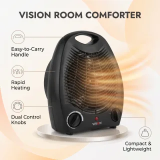 Vision Room Comforter-REL-Easy Black room heater blowing warm air, dual control knobs and power indicator