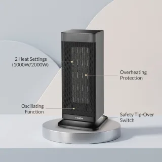 Vision Room Comforter-REL-Radiator Black features: 1000W/2000W heat settings, oscillation, overheating protection and tip-over switch