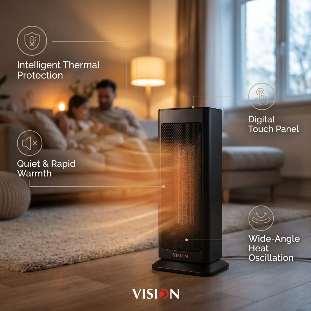 Vision Room Comforter-REL-Radiator Black tower room heater warming a living room with oscillating warm air