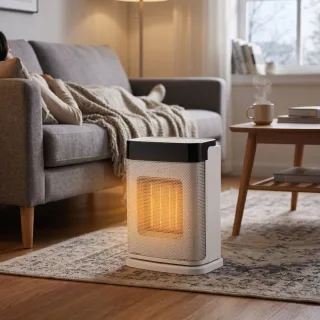 Vision Room Comforter Simple 33 room heater glowing warm beside a sofa in a living room