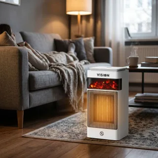 Vision Room Heater - Fire warming a living room with its glowing flame-effect window