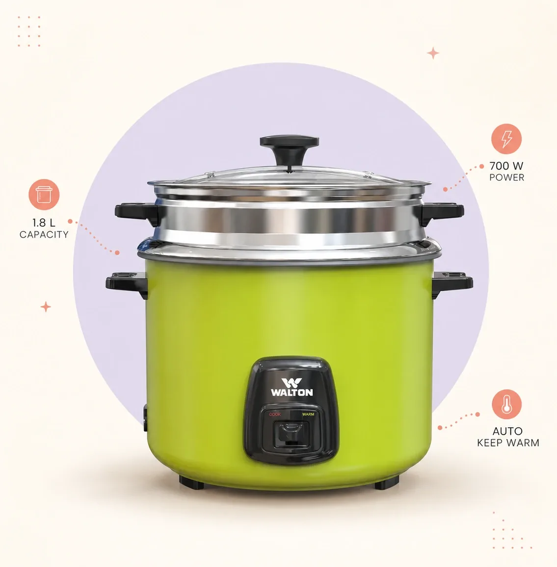 Walton Star Deluxe 1.8L rice cooker, 700 watt with German standard non-stick inner pot