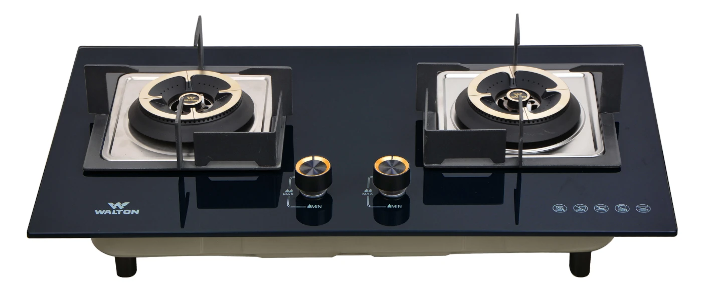 Walton Double Burner Gas Hob WGH-Monalisa with brass burner caps and square pan support on glass top